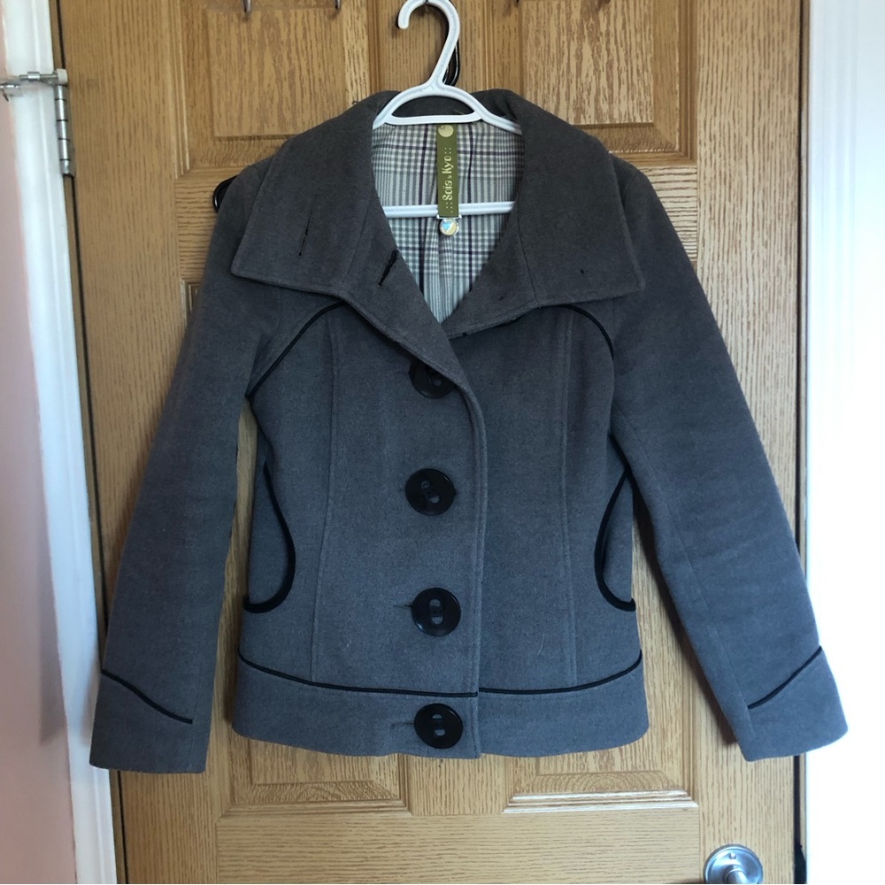 Soia & Kyo Gray Wool Blend Peacoat with Black Trim